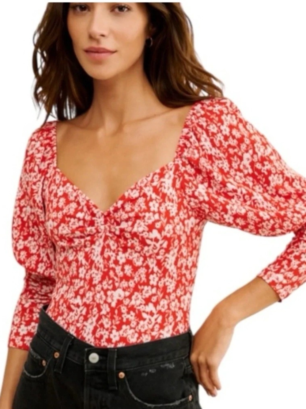 Anthropologie: Red Floral Square-Neck Puff Sleeve Top